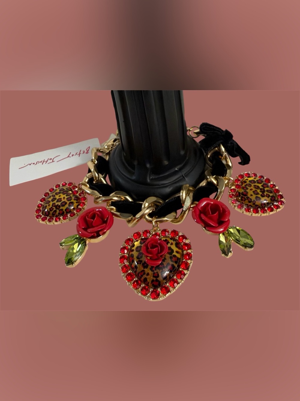 Betsey Johnson Gold-Tone Chain Bracelet with Red Roses & Leopard Heart Charms - Picture 8 of 16